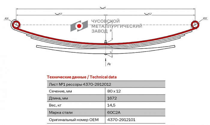 Задний коренной рессорный лист №1 МАЗ 4370 Зубренок