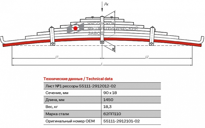 Лист коренной рессорный №1 для автомобилей производства ПАО "Камаз" 43118, 53215, 5350, 53501, 53504, 54115, 55111, 6350, 63501 задний