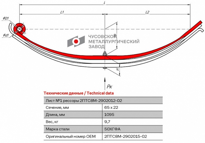 Коренной передний лист №1 для рессоры 2ПТС8М-2902015-02 со втулками