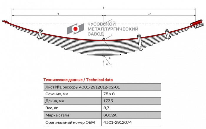 Лист коренной рессорный №1 ГАЗ 4301 задний