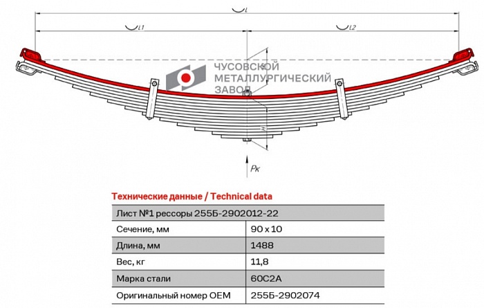 Лист коренной рессорный №1 КрАЗ 255Б: 6341, 64431, 613064, 65055, 65053, 6444, 5444, 6510, 65101 передний