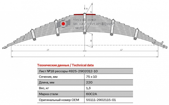 Лист рессорный №15 для автомобилей производства ПАО "Камаз" 4925, 53229, 6540, 53228, 6426, 65111, 6426 передний