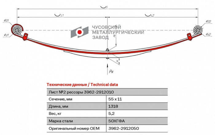 Задний подкоренной рессорный лист №2 УАЗ 452 (2206, 3962, 3303, 3909)